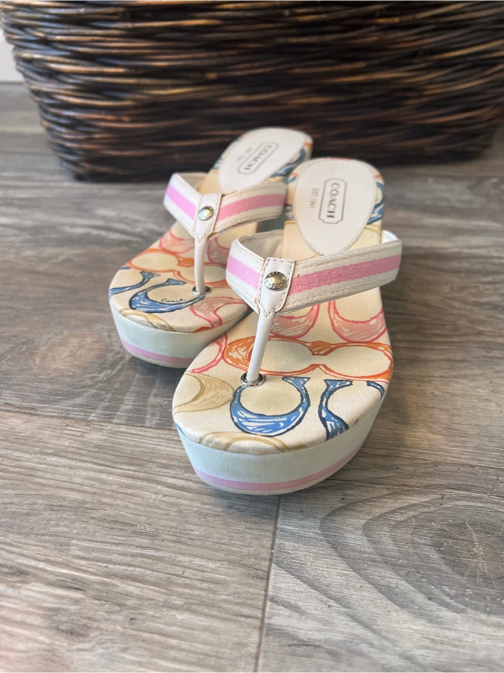 COACH Cream Platform Thong Sandals with Pink and Blue Accents